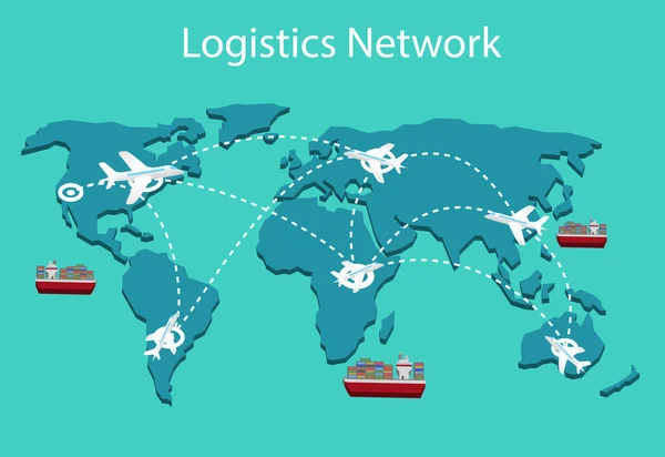 Logistieknetwerk plat 3d isometrische vectorillustratie Set van luchtvracht van het vrachtvervoer per spoor vervoer maritieme scheepvaart On-time levering voertuigen bestemd voor het vervoer van grote aantallen China — Stockvector