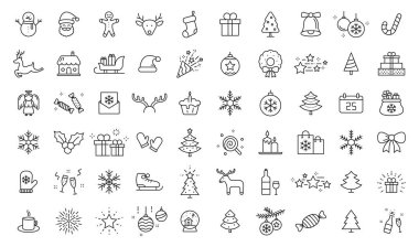 60 tane Noel ikonu. Mutlu Noeller ve mutlu yıllar. Koleksiyon xmas simgeleri. Kış, Noel Baba, ağaç, hediyeler, kar taneleri, tatil. Vektör illüstrasyonu.