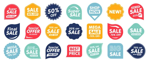 Conjunto de emblemas de venda. Tags e rótulos de qualidade de venda. Template emblemas de compras de banner. Oferta especial, venda, desconto, loja, Black Friday. Ilustração vetorial. — Vetor de Stock