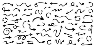 Fırçalı oklar büyük siyah set simgeleri. Ok simgesi. Ok vektör koleksiyonu. Ok at. İmleç. Modern basit oklar. Vektör illüstrasyonu.