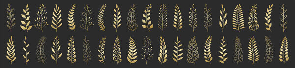 Set of gold laurels branches. Flower ornament dividers collection. Vintage laurel wreaths. Hand drawn vector laurel leaves decorative elements. Leaves, swirls, ornate, award, icon. Vector illustration