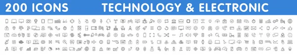Stor uppsättning av 200 teknik och elektronik och enheter webb ikoner i linje stil. Enhet, telefon, bärbar dator, kommunikation, smartphone, e-handel, nätverk, företag, media. Vektorillustration. — Stock vektor
