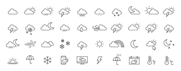 40 개의 기상 웹 아이콘을 라인 스타일로 설정 합니다. 날씨, 구름, 맑은 날, 달, 눈송이 바람, 태양의 날. 벡터 일러스트. — 스톡 벡터