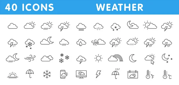 Set med 40 väder webb ikoner i linje stil. Väder, moln, solig dag, måne, snöflingor, vind, sol dag. Vektorillustration. — Stock vektor