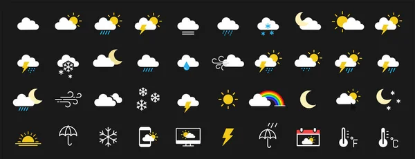 40 개의 기상 웹 아이콘을 라인 스타일로 설정 합니다. 날씨, 구름, 맑은 날, 달, 눈송이 바람, 태양의 날. 벡터 일러스트. — 스톡 벡터