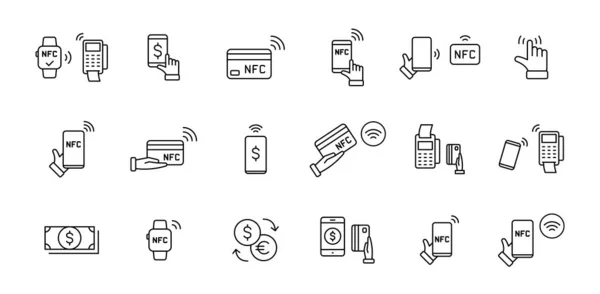 Sada lineárních ikon plateb NFC. Platební průkaz. Bezdrátová platba. Platba kartou NFS. Technologie NFC. Zákazník platí. Vektorová ilustrace. — Stockový vektor