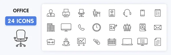 Set Office Web Icons Line Style Teamwork Workplace Coffee Work — Stock Vector