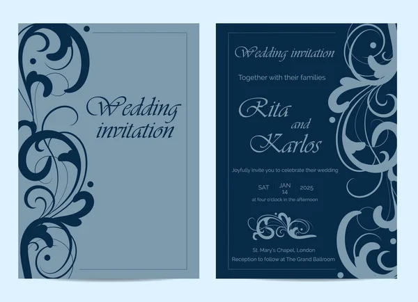 Düğün davetiyeleri yumuşak renklerde. Eski model. Retro Victorian süsü. Çiçeksel elementlerle çerçevelenmiş. Vektör illüstrasyonu.