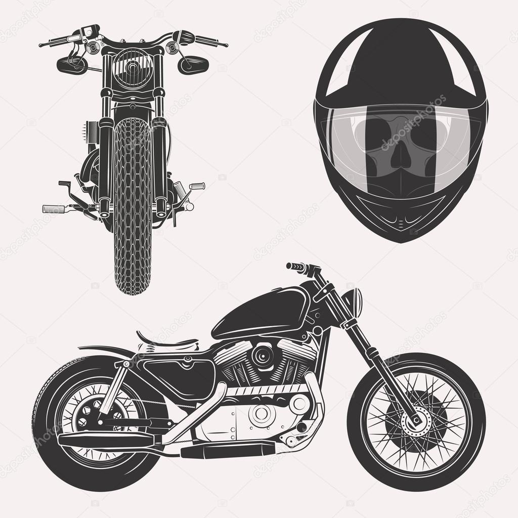 Vintage vector motorcycle set with skull in motorbike helmet front profile isolated on white background