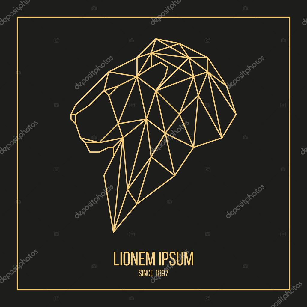 Golden logotype lion head geometric lines side view silhouette isolated on black background vintage design element