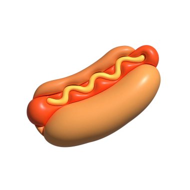 Sosisli, hardallı ve ketçaplı, yumuşak bir çörek 3D resimli.