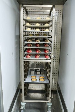 Pişirme rafı profesyonel bir mutfakta renkli hamur işleri ve kurabiyeler sergiliyor, mutfak sanatının karmaşık detaylarını vurguluyor