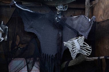 İskelet bir figür içeren ürkütücü bir dekorasyon koyu kumaşa sarılı, iskelet eli ve ürkütücü bir atmosferi var.