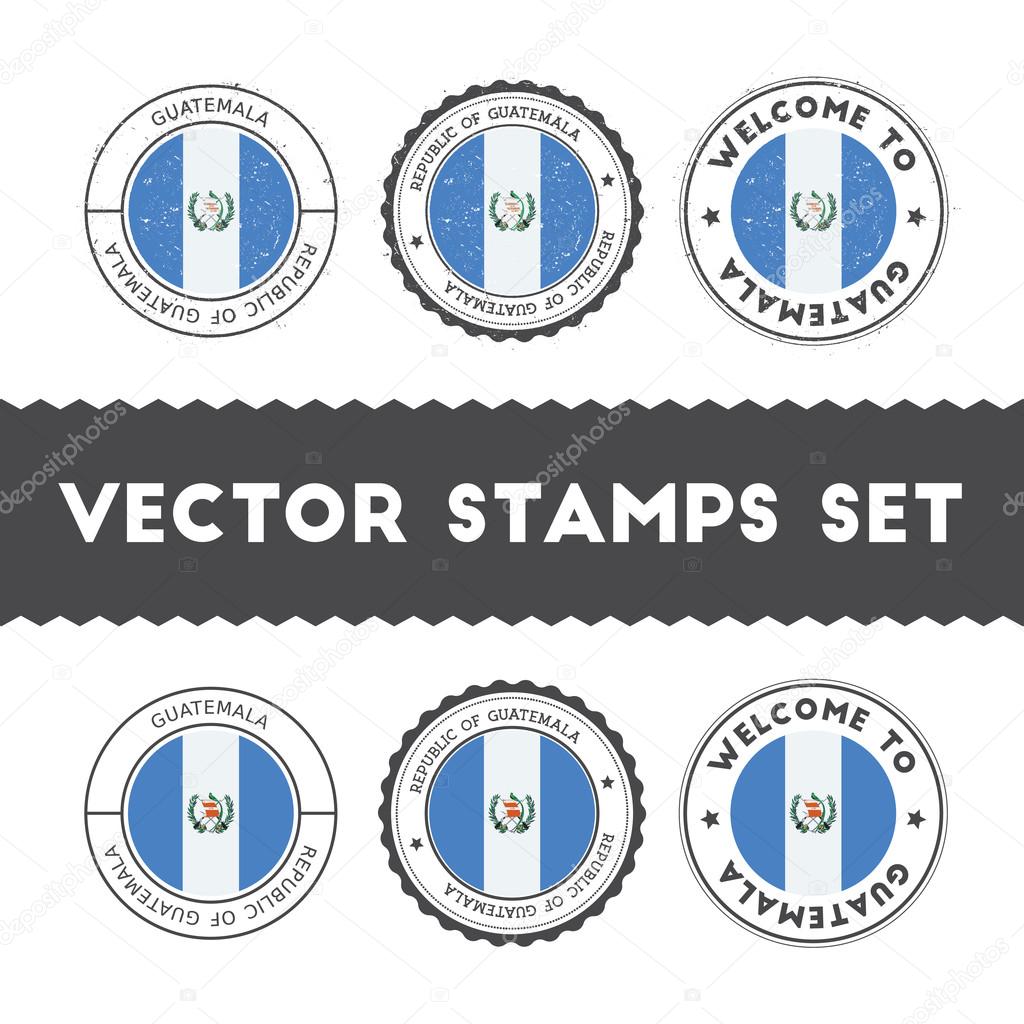 Guatemalan flag rubber stamps set. National flags grunge stamps. Country round badges collection.