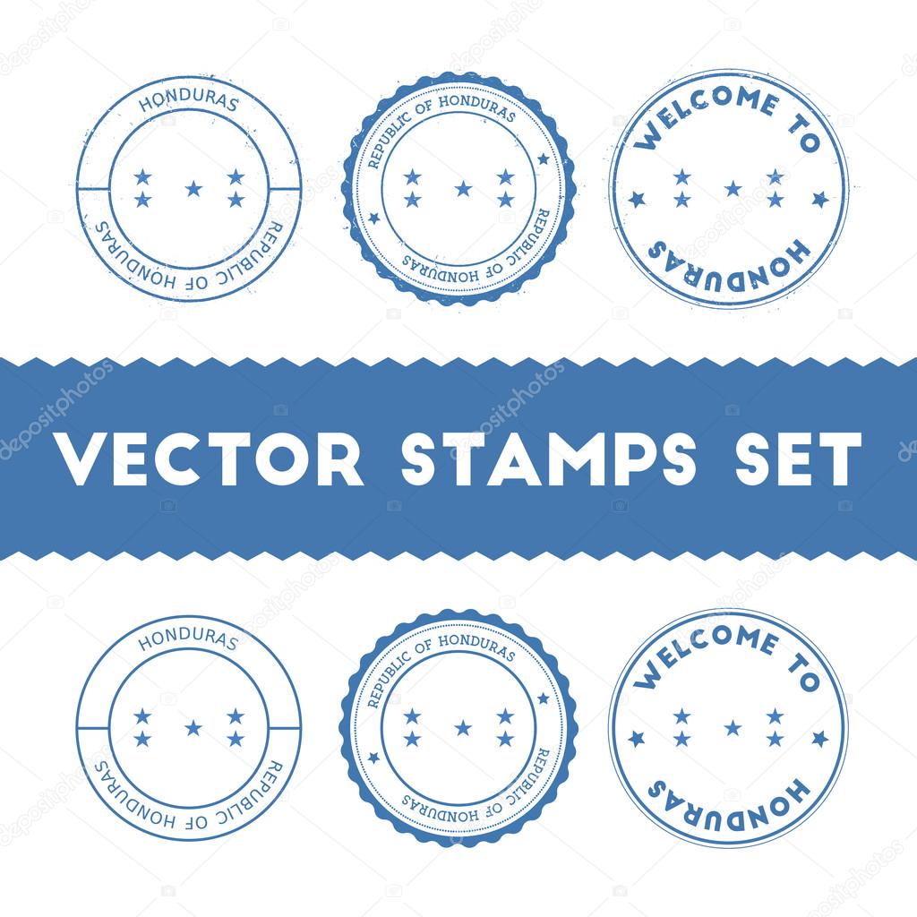 Honduran flag rubber stamps set. National flags grunge stamps. Country round badges collection.
