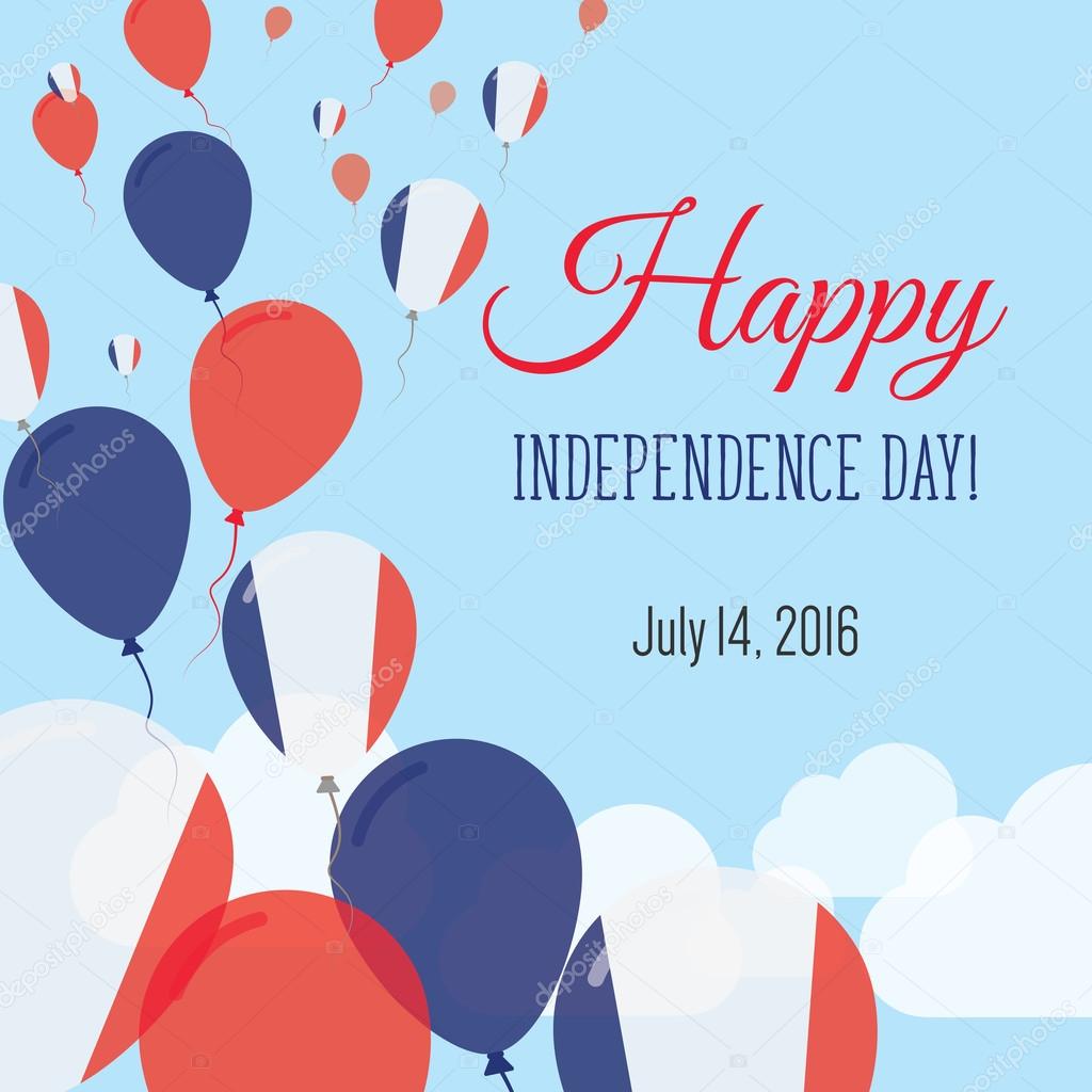 Independence Day Flat Greeting Card. France Independence Day. French Flag Balloons Patriotic Poster. Happy National Day Vector Illustration.