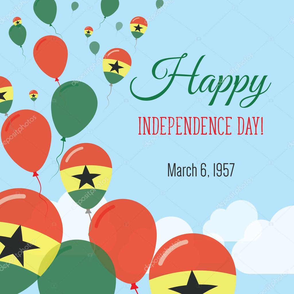 Independence Day Flat Greeting Card. Ghana Independence Day. Ghanaian Flag Balloons Patriotic Poster. Happy National Day Vector Illustration.