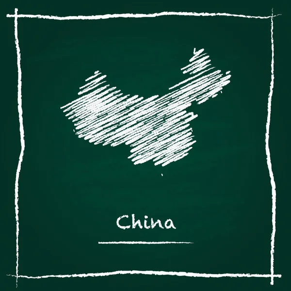 Carte vectorielle de contour de la Chine dessinée à la main à la craie sur un tableau vert . — Image vectorielle