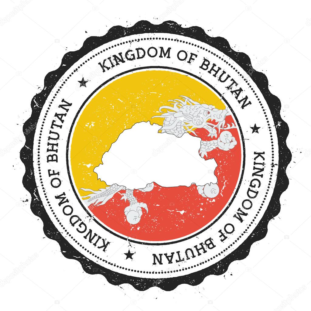 Bhutan map and flag in vintage rubber stamp of state colours.