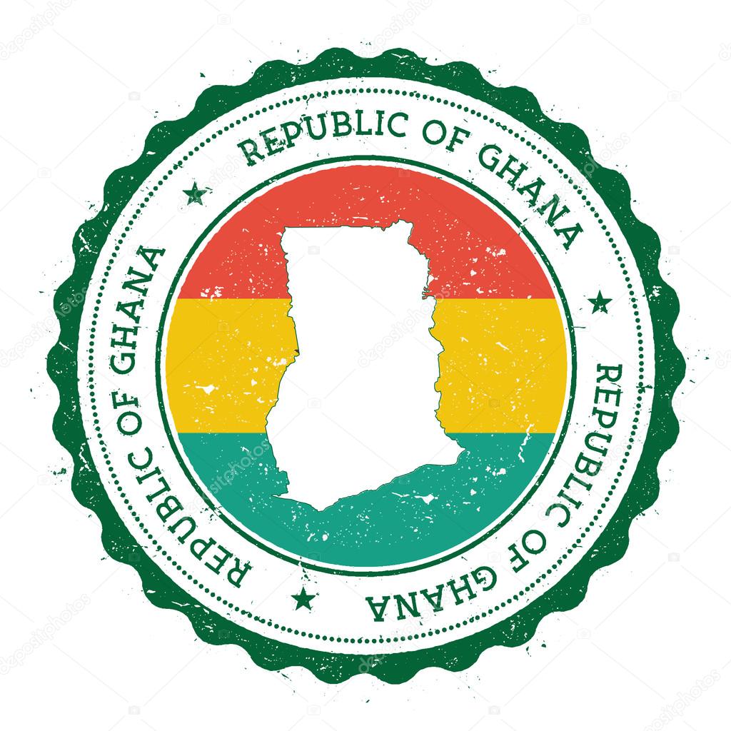 Ghana map and flag in vintage rubber stamp of state colours. Grungy travel stamp with map and flag of Ghana. Country map and flag vector illustration.