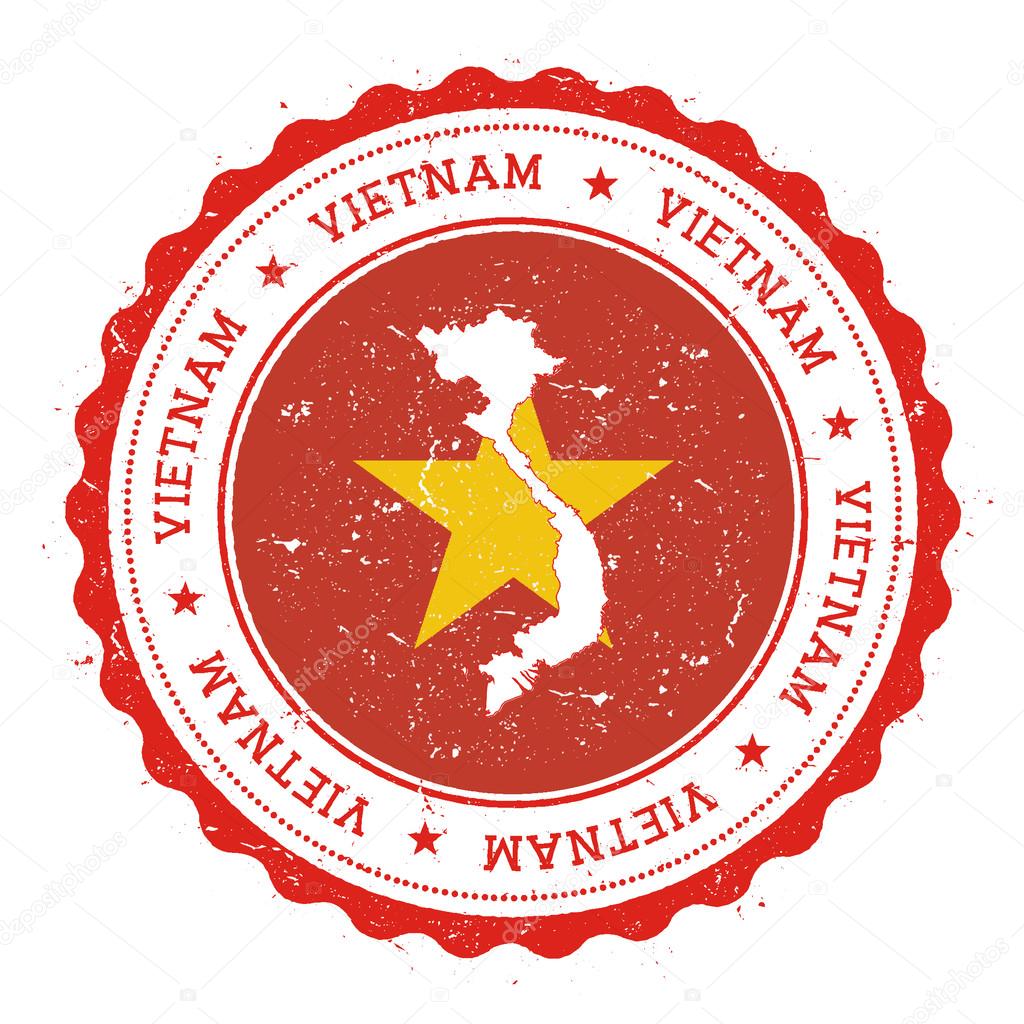 Vietnam map and flag in vintage rubber stamp of state colours.