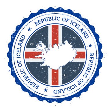 Devlet renkleri vintage kauçuk damgaİzlanda harita ve bayrak.