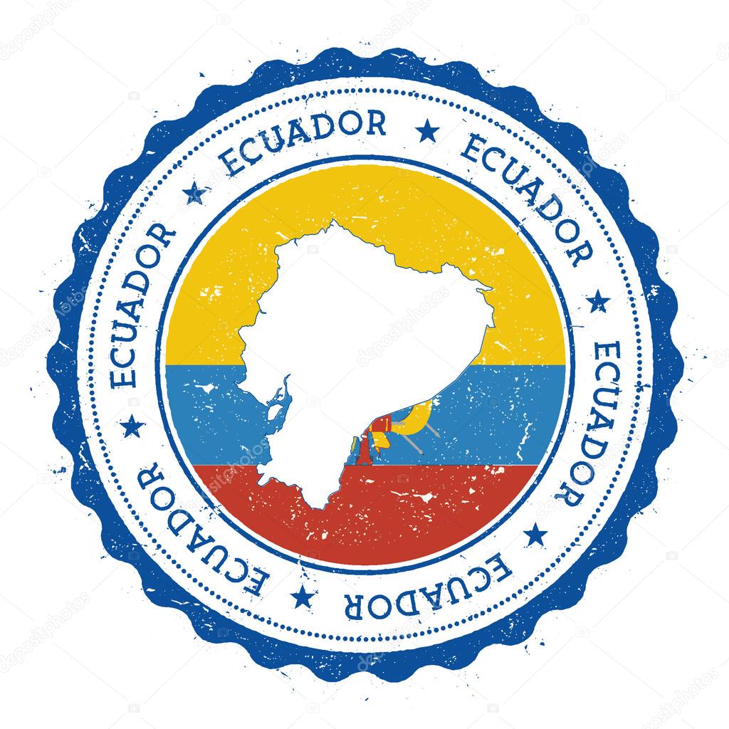 Ecuador map and flag in vintage rubber stamp of state colours. Grungy travel stamp with map and flag of Ecuador. Country map and flag vector illustration.