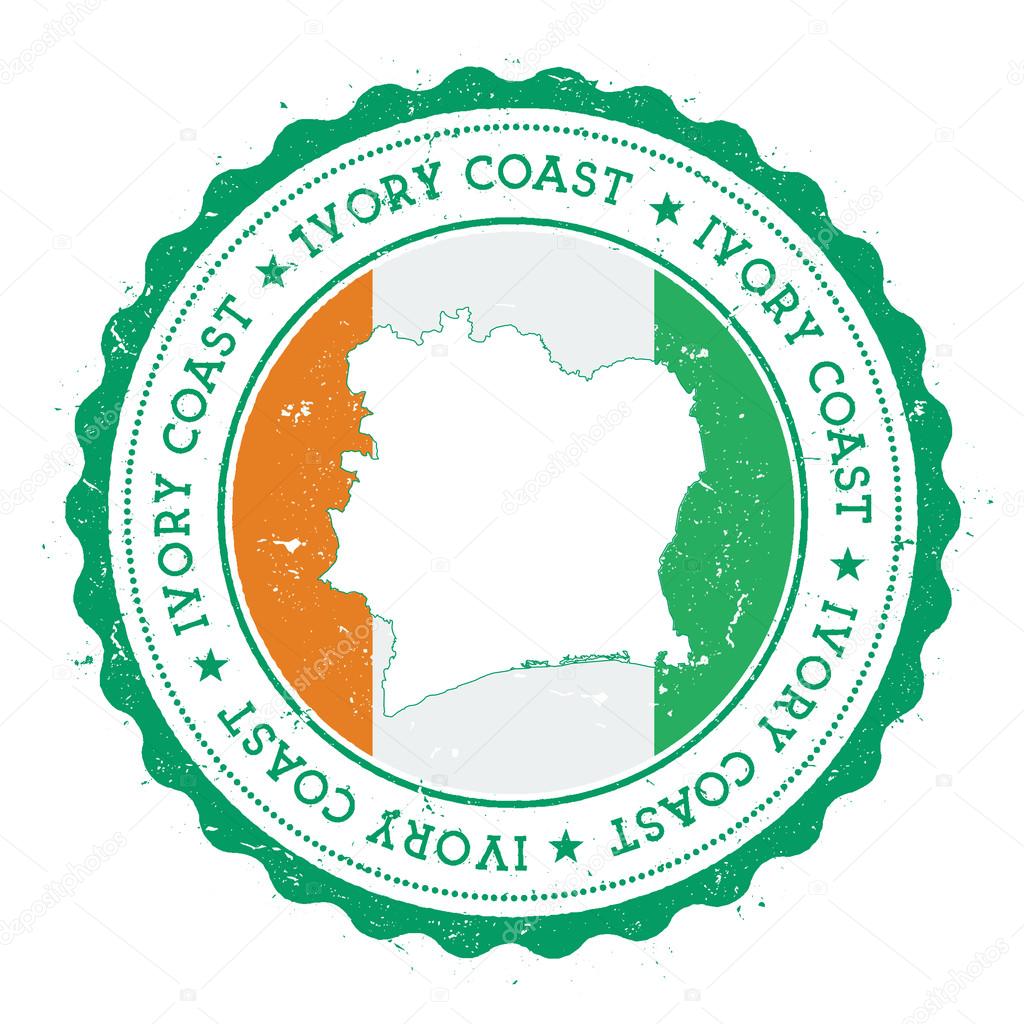 Cote D%27Ivoire map and flag in vintage rubber stamp of state colours.