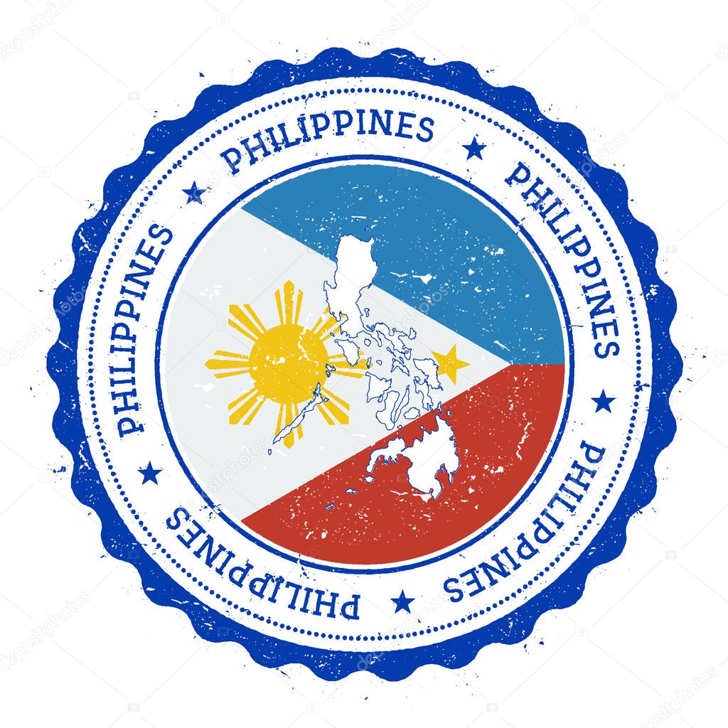 Philippines map and flag in vintage rubber stamp of state colours. Grungy travel stamp with map and flag of Philippines. Country map and flag vector illustration.