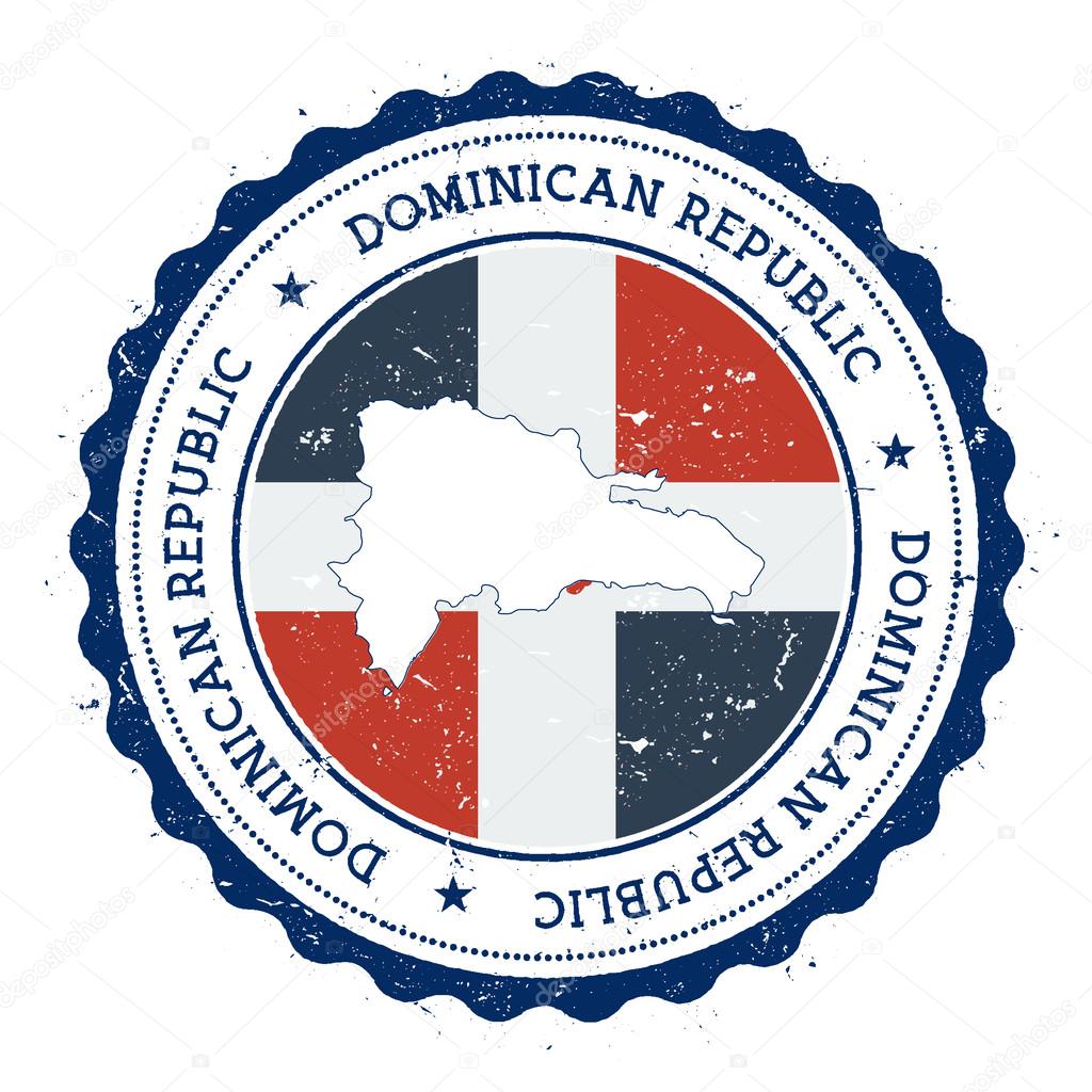 Dominican Republic map and flag in vintage rubber stamp of state colours. Grungy travel stamp with map and flag of Dominican Republic. Country map and flag vector illustration.