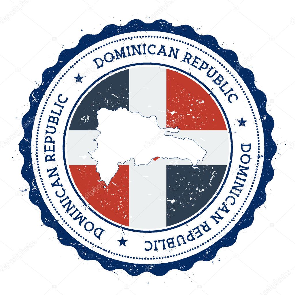 Dominican Republic map and flag in vintage rubber stamp of state colours.