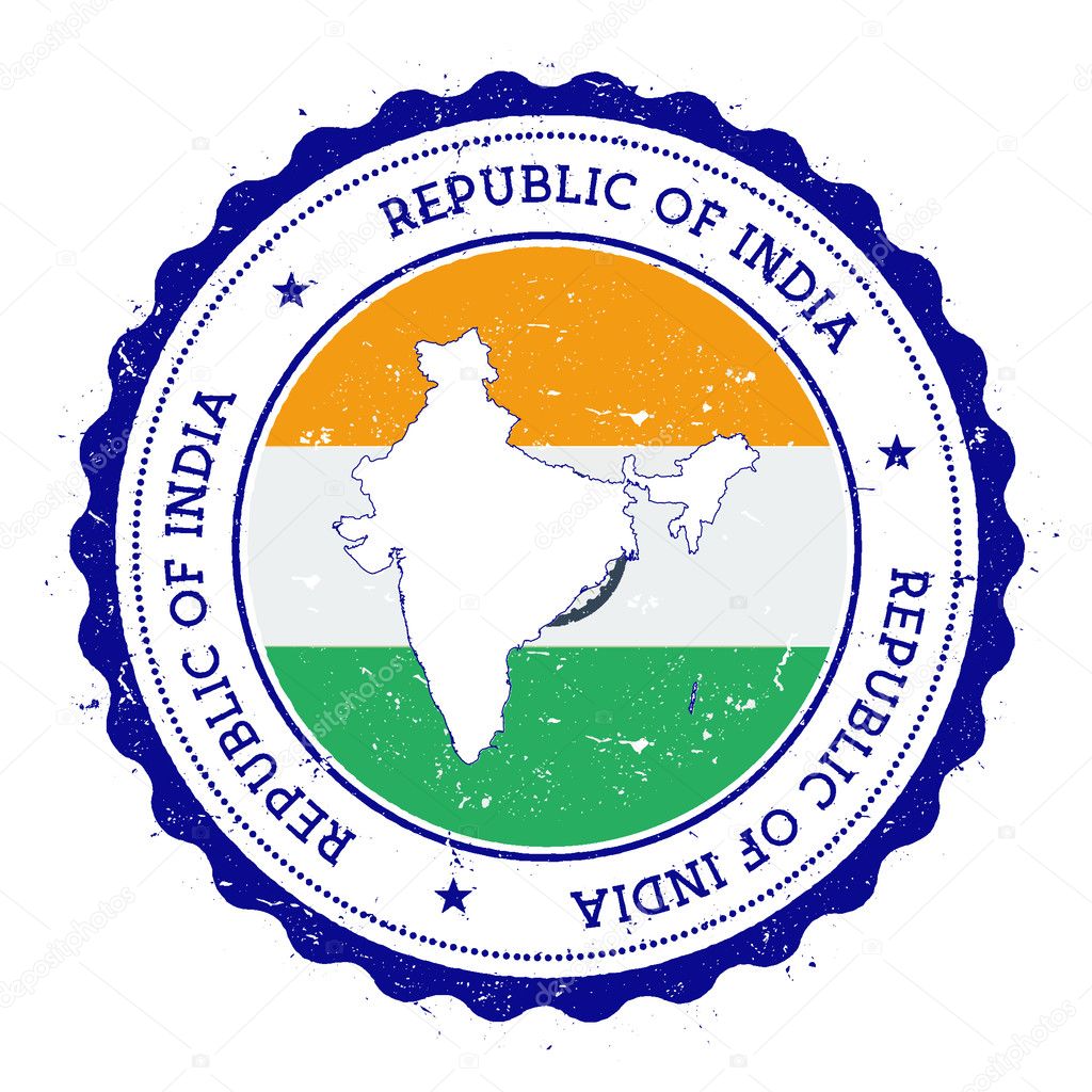India map and flag in vintage rubber stamp of state colours.