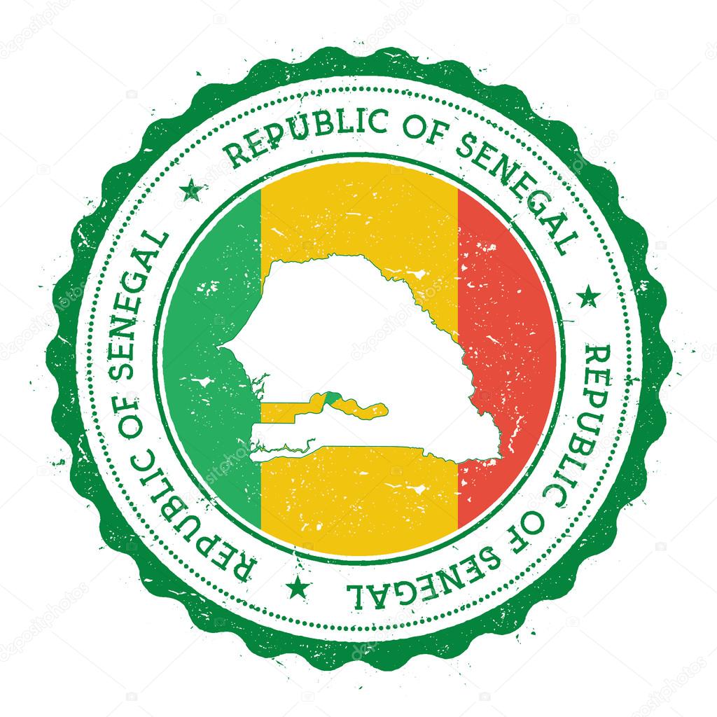 Senegal map and flag in vintage rubber stamp of state colours. Grungy travel stamp with map and flag of Senegal. Country map and flag vector illustration.