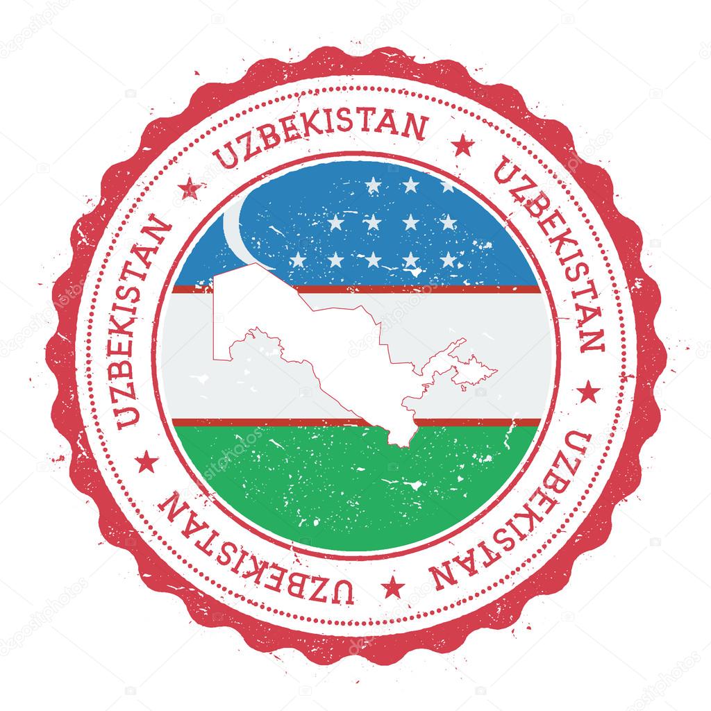 Uzbekistan map and flag in vintage rubber stamp of state colours.