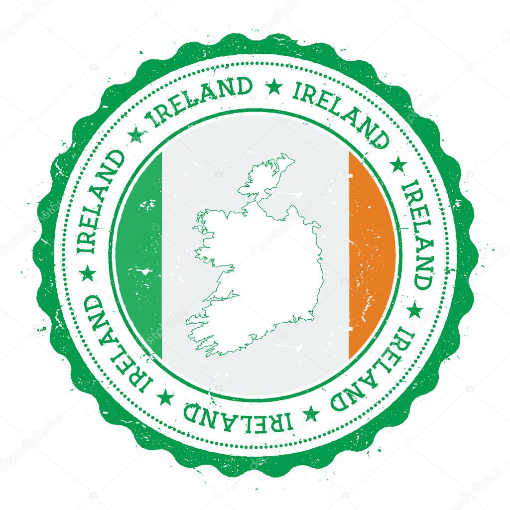 Ireland map and flag in vintage rubber stamp of state colours.