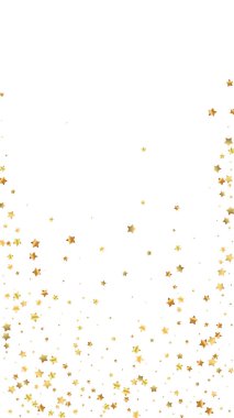 Altın yıldızlı, pırıl pırıl lüks konfeti. Beyaz arka planda dağılmış küçük altın parçacıkları. Duygusal şablon şablonu. Gerçek vektör arkaplanı.