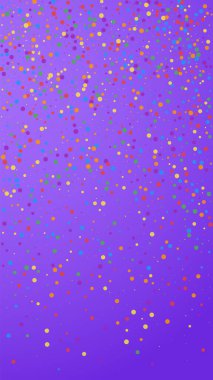 Büyüleyici bir şenlik konfetisi. Kutlama yıldızları. Menekşe arka planda renkli konfeti. İdeal şablon şablonu. Dikey vektör arkaplanı.