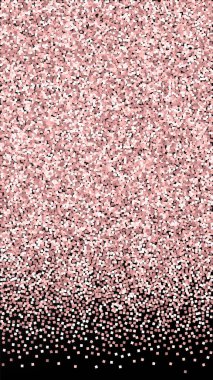 Pembe altın parıltılı lüks konfeti. Siyah arkaplana dağılmış küçük altın parçacıkları. Enerjik şablon şablonu. Muhteşem vektör arkaplanı.