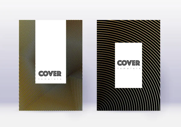 Hipster Cover Ontwerp Template Set Gouden Abstracte Lijnen Zwarte Achtergrond — Stockvector