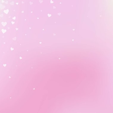 Beyaz kalp konfetileri sever. Sevgililer Günü köşesinde ilginç bir geçmiş. Pembe arka planda şeffaf kalp konfetileri. Seçkin vektör çizimi.