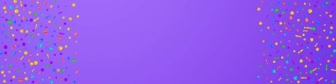 Keyifli konfeti. Kutlama yıldızları. Mor arka planda şenlikli konfeti. Gerçek şablon şablonu. Panoramik vektör arkaplanı.