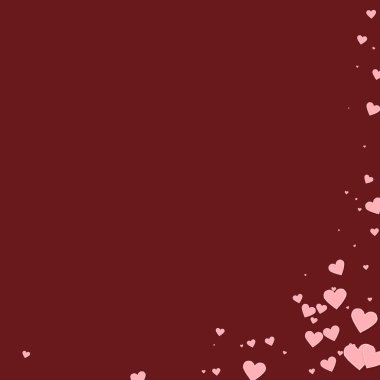 Pembe kalp aşk konfetileri. Sevgililer Günü köşesinde büyüleyici bir geçmiş. Dökülen kağıt kalpler, kestane rengi arka planda konfeti. Hoş vektör illüstrasyonu.