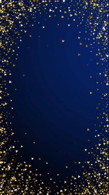 Altın üçgenler, ışıl ışıl konfeti. Koyu mavi arka planda dağılmış küçük altın parçacıkları. Dramatik şablon. İyi görünümlü vektör arkaplanı.