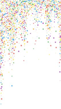 Şenlikli duygusal konfeti. Kutlama yıldızları. Beyaz arka planda parlak gökkuşağı yıldızları. Büyüleyici şablon şablonu. Dikey vektör arkaplanı.