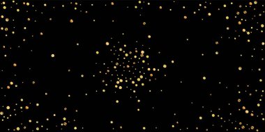 Nadir bulunan altın konfeti konfeti konfetisi. Siyah arkaplana dağılmış küçük altın parçacıkları. Çekici şablon şablonu. İlahi vektör illüstrasyonu.
