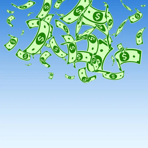 米ドル紙幣が落ちている 青い空の背景にランダムなUsdの請求書 アメリカのお金 好奇心ベクトルイラスト 大胆なジャックポット 富または成功の概念 — ストックベクタ