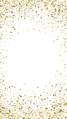 Altın üçgenler, ışıl ışıl konfeti. Beyaz arka planda dağılmış küçük altın parçacıkları. Mest edici bir şablon. Hassas vektör arkaplanı.