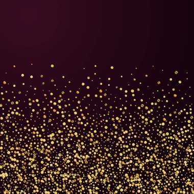 Altın konfeti konfeti konfetisi. Kırmızı kestane rengi arka planda dağılmış küçük altın parçacıkları. İnanılmaz bir şablon. İyi görünümlü vektör çizimi.