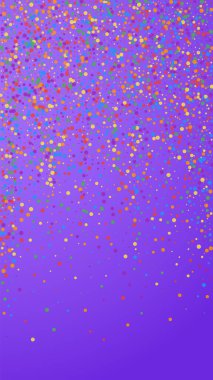 Egzotik konfeti. Kutlama yıldızları. Menekşe arkaplanda gökkuşağı konfetisi. Muhteşem şablon şablonu. Dikey vektör arkaplanı.