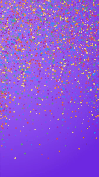 フェスティバルエキゾチックなコンフェッティ お祝いの星 紫色の背景に虹色のコンフェッティ 豪華なお祝いオーバーレイテンプレート 垂直ベクトル背景 — ストックベクタ
